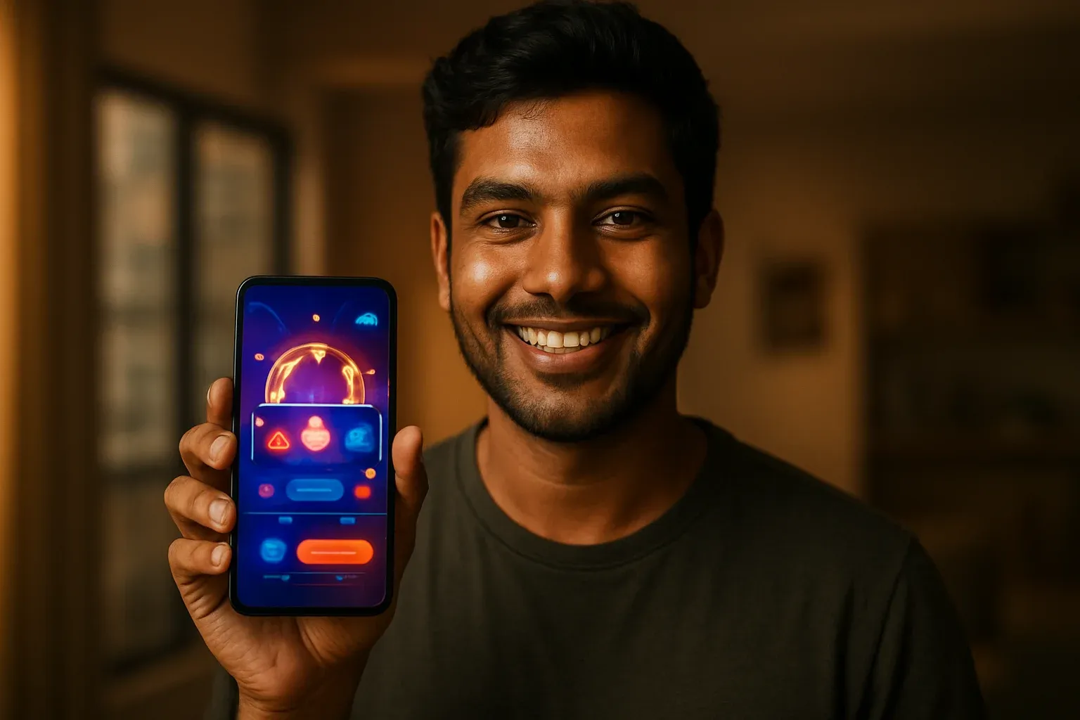 Young Bangladeshi man holding smartphone with glowing casino app screen