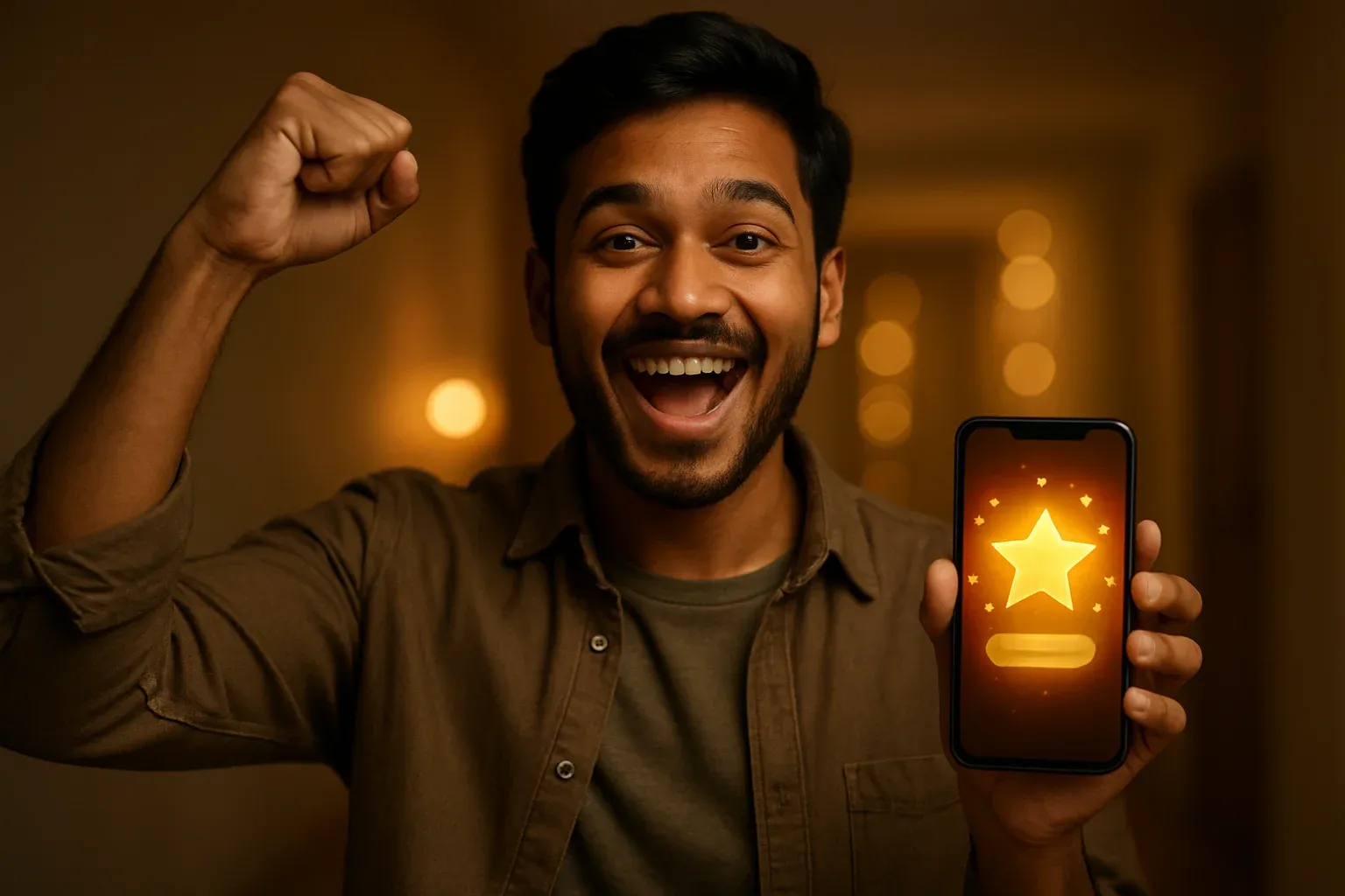 Joyful Bangladeshi man holding smartphone with glowing bonus notification screen
