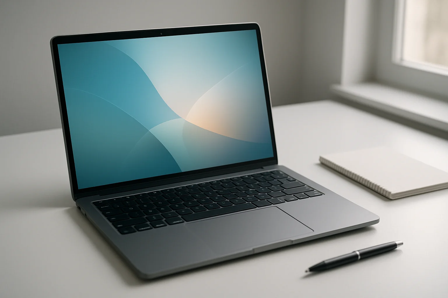 Modern laptop on white desk with pen and notepad