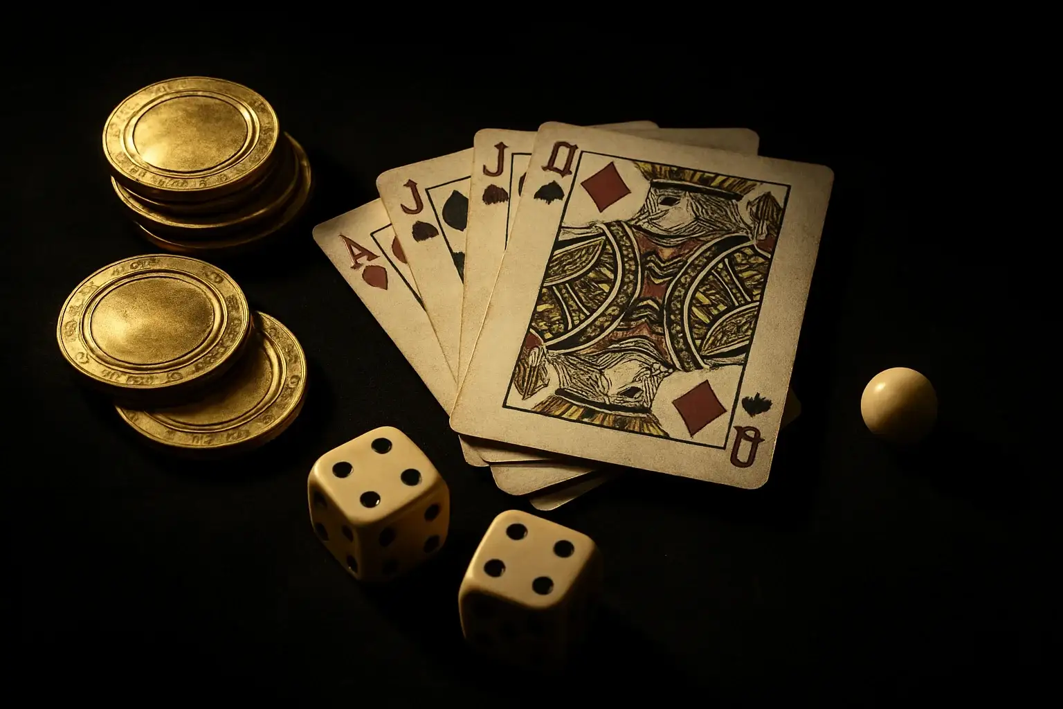 Top-down casino scene with chips, cards, dice, and roulette ball