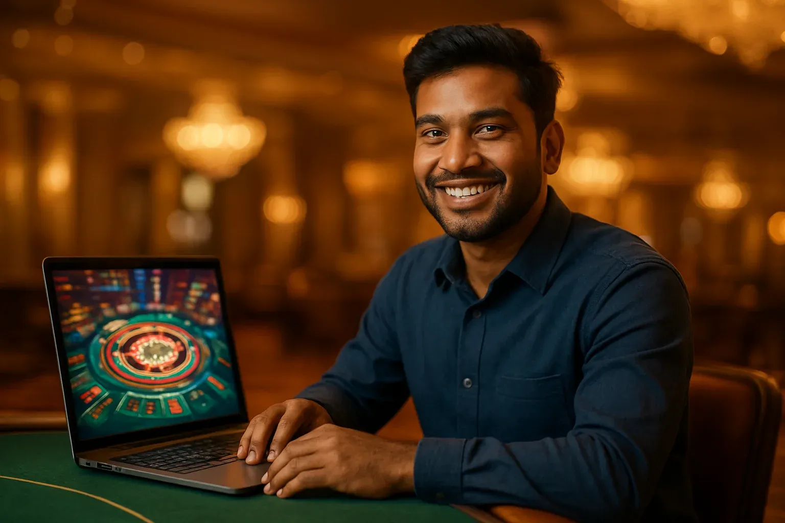 Cheerful Bangladeshi man with open laptop in premium casino lounge
