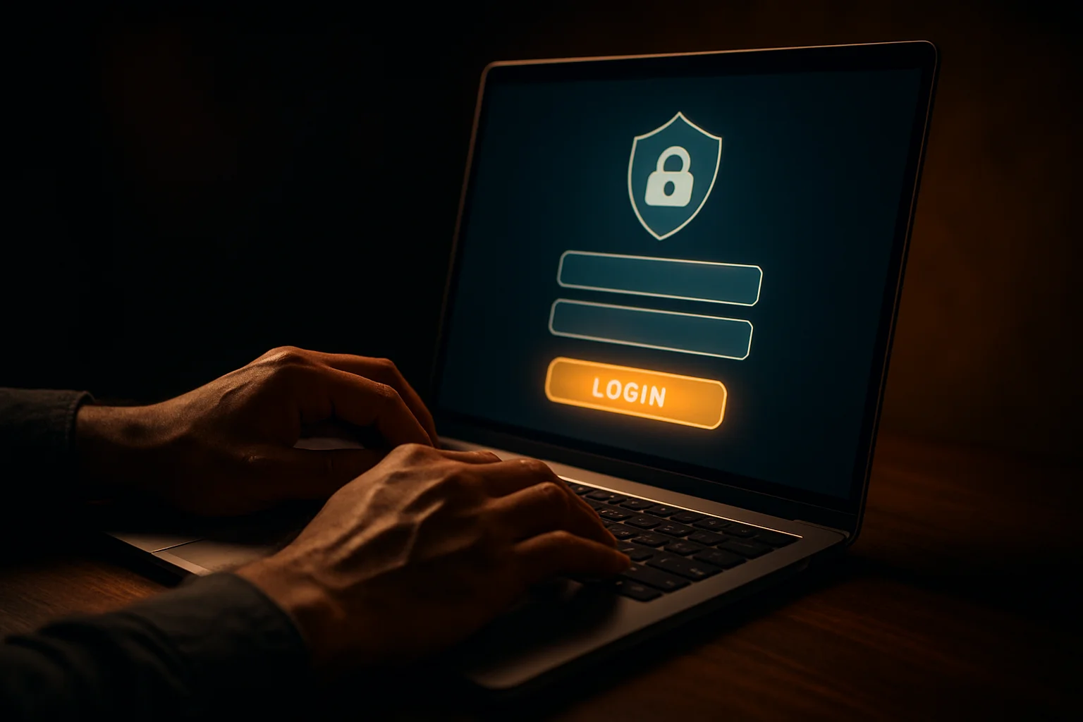 Bangladeshi man's hands on laptop showing stylized login screen form