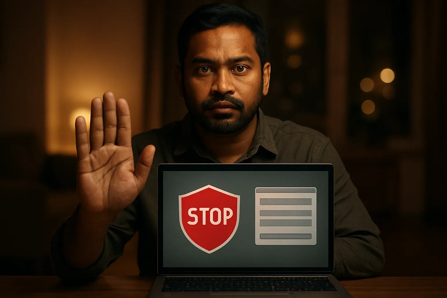 Bangladeshi man showing stop gesture beside laptop with responsible gambling screen