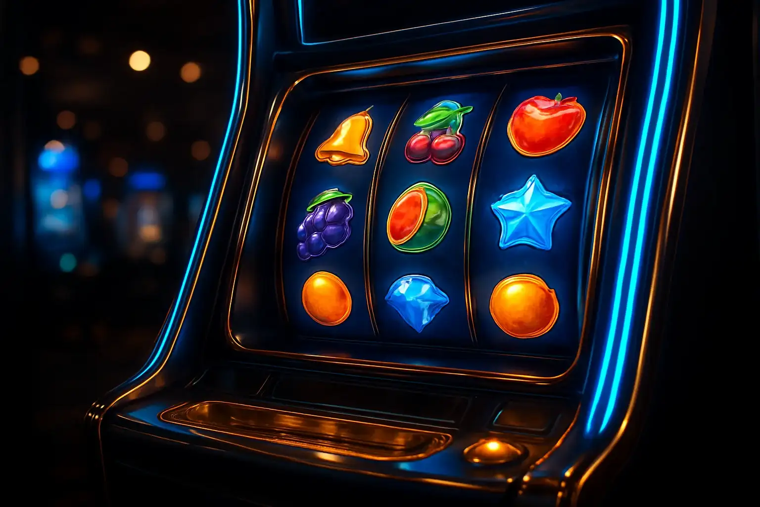 Hyperrealistic premium slot machine with glowing reels in dark luxury casino